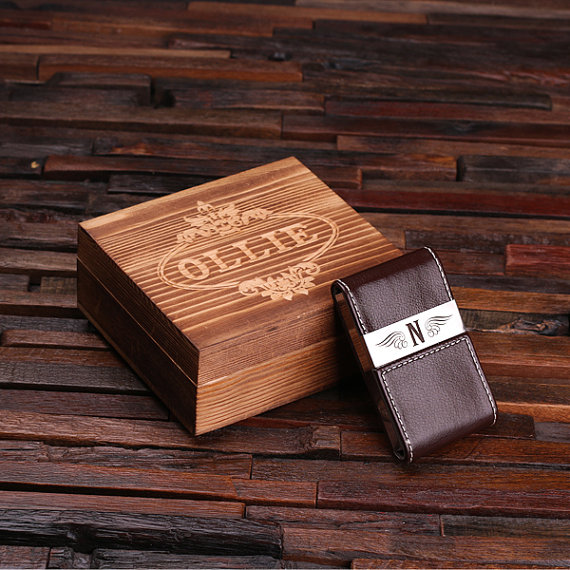 Personalized Brown Leather Business Card Holder & Wood Box