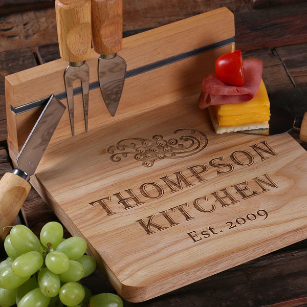 Personalized Cheese & Bread Serving Tray with Cutting Tools Closeup T-025210
