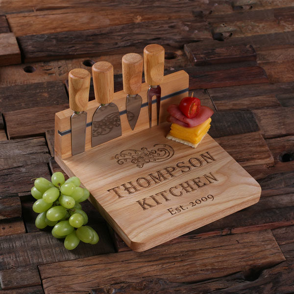 Personalized Cheese & Bread Serving Tray with Cutting Tools T-025210