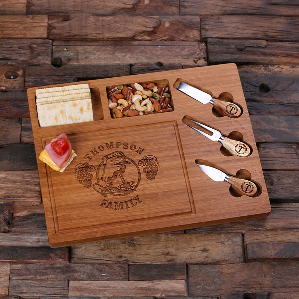Personalized Cheese & Cracker Board with 3 Cutting Tools Engraved T-025209