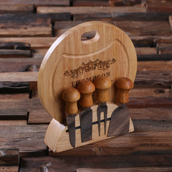 Personalized Cheese Serving Tray, Cheese Knife Set & Holder Closeup T-025211