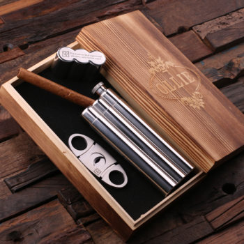 Personalized Cigar Holder Set with Flask & Cutters Inside Gift Box T-025043