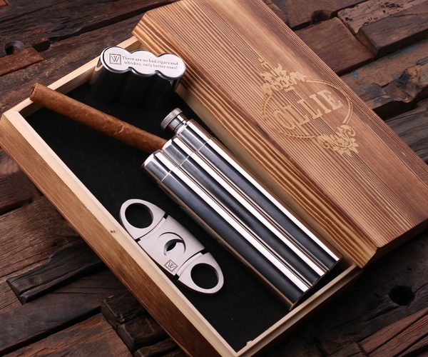 Personalized Cigar Holder Set with Flask & Cutters Inside Gift Box T-025043