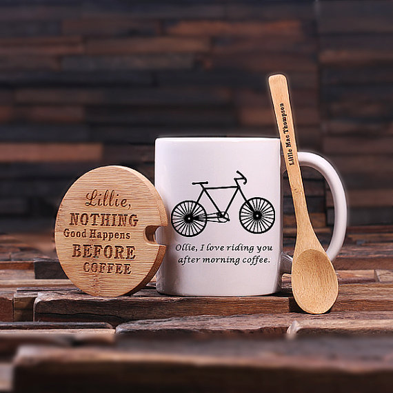 Personalized Coffee Mug, Lid & Teaspoon Complete Set - Bike Print T-024938-00051
