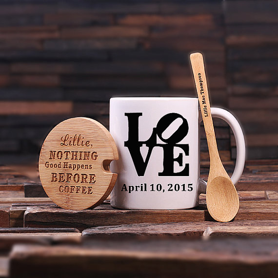 Personalized Coffee Mug, Lid & Teaspoon - Love Print T-024938-00019