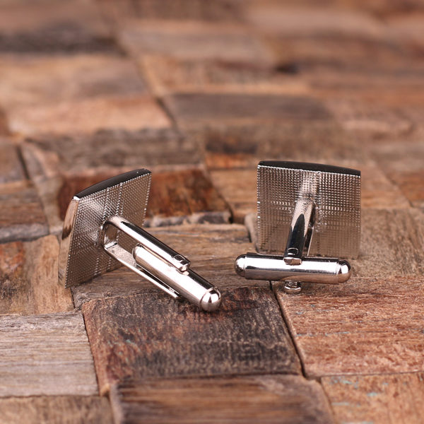 Personalized Engraved Checkered Monogram Cuff Link Set Back Close Up T-025059