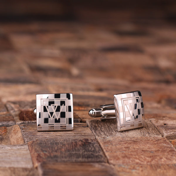 Personalized Engraved Checkered Monogram Cuff Link Set Close Up T-025059