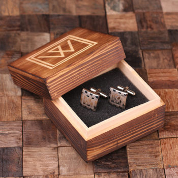 Personalized Engraved Checkered Monogram Cuff Link Set Inside Box T-025062
