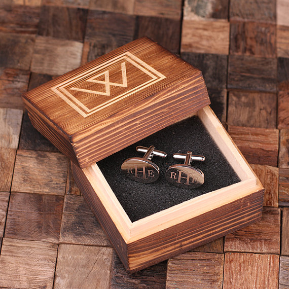 Personalized Engraved Classic Oval Cuff Links Inside Wood Box T-025067