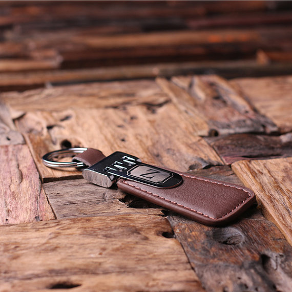 Personalized Engraved Leather Key Chain in Brown Close Up T-025037-Brown