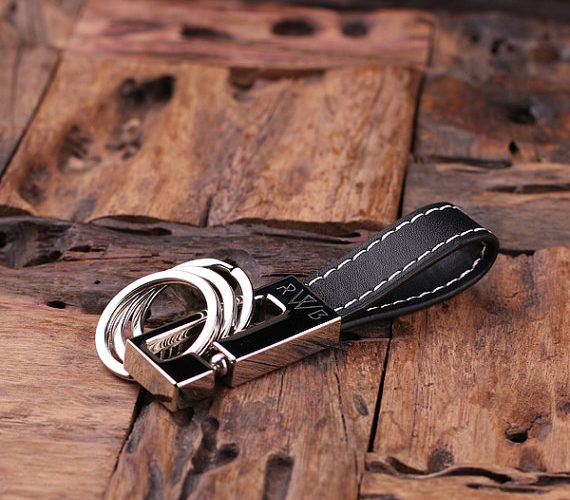 Personalized Engraved Leather Monogrammed Keychain in Black T-025020-Black