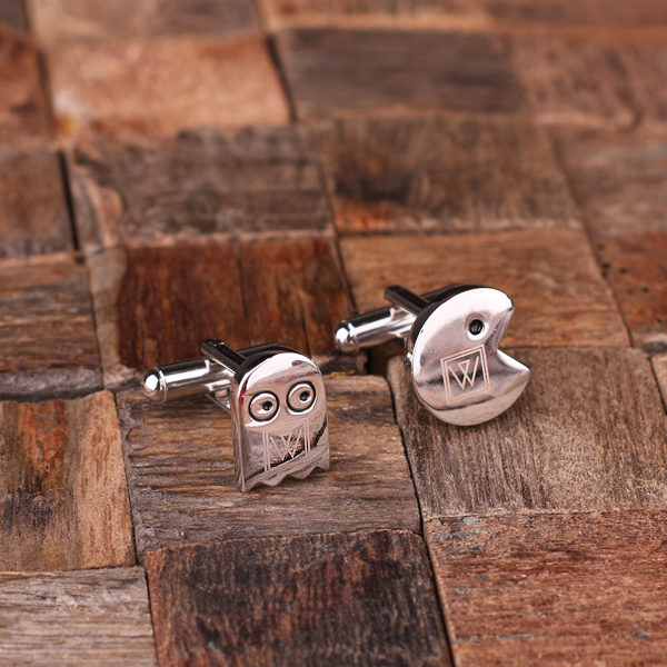 Personalized Engraved Pac-Man Cuff Link Set Close Up T-025060