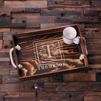 Personalized Engraved Wood Serving Tray with Nautical Handles T-025230