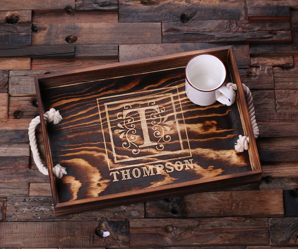 Personalized Engraved Wood Serving Tray with Nautical Handles T-025230