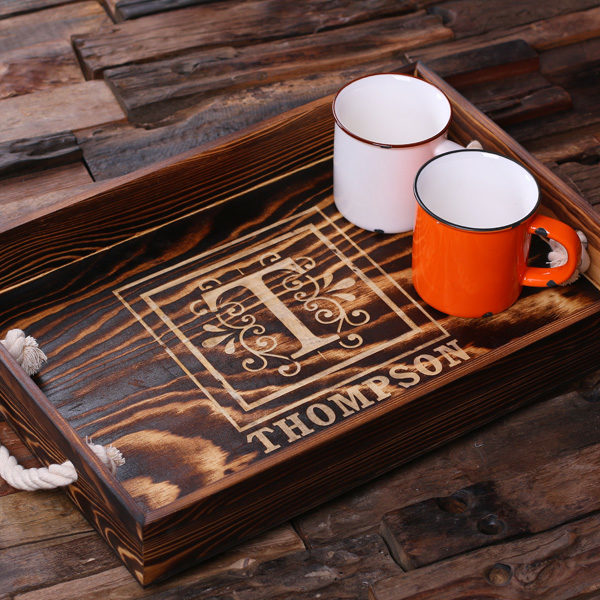 Personalized Engraved Wood Serving Tray with Nautical Handles T-025230