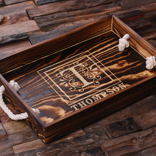 Personalized Engraved Wood Serving Tray with Nautical Handles T-025230