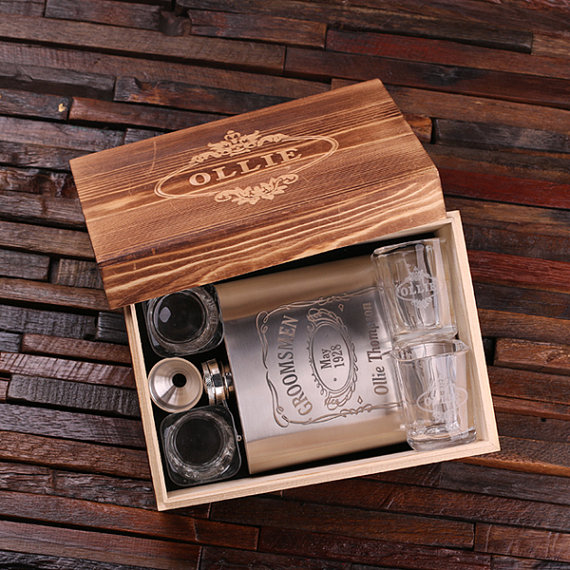 Personalized Flask and Funnel, 4 Shot Glasses & Keepsake Box Inside Box T-025083