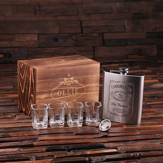 Personalized Flask and Funnel, 4 Shot Glasses & Keepsake Box T-025083