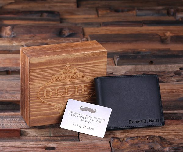 Personalized Genuine Leather Bi-fold Men's Wallet, Wallet Card & Wood Box T-025203