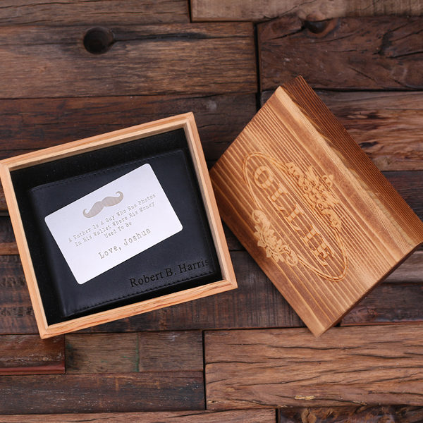 Personalized Genuine Leather Bi-fold Men's Wallet & Wood Box T-025203