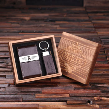 Personalized Leather Business Card Holder Closed & Key Chain Inside Box Brown T-025117-Brown