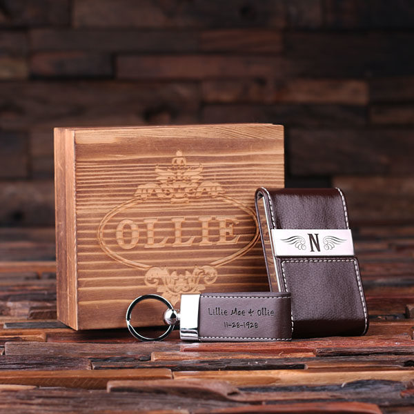 Personalized Leather Business Card Holder, Key Chain & Box In Brown T-025117-Brown
