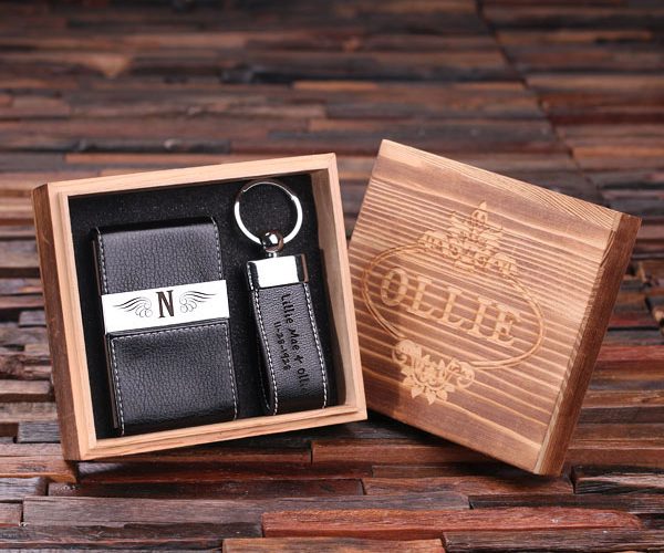 Personalized Leather Business Card Holder & Key Chain Inside Box Black T-025117-Black