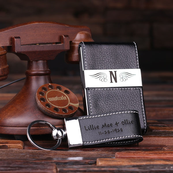 Personalized Leather Business Card Holder & Key Chain T-025117-Black