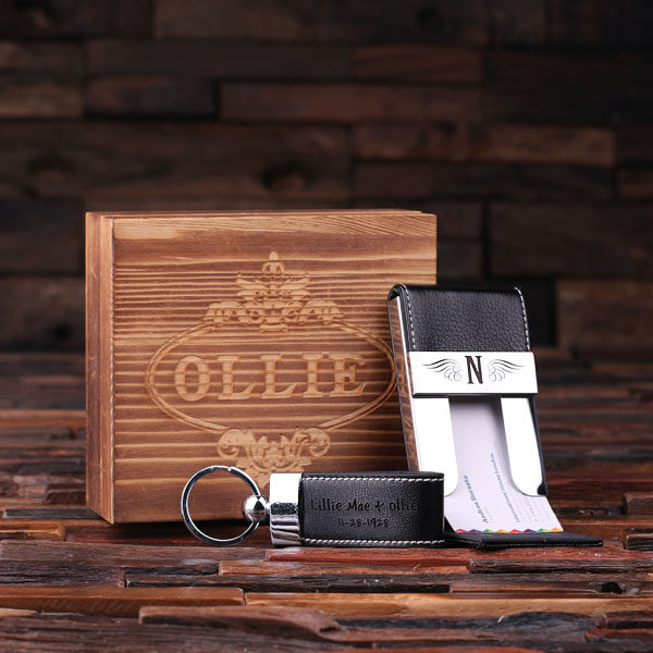 Personalized Leather Business Card Holder Open, Key Chain & Box Black T-025117-Black