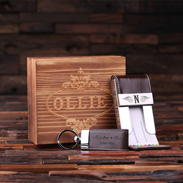 Personalized Leather Business Card Holder Open, Key Chain & Box T-025117-Brown