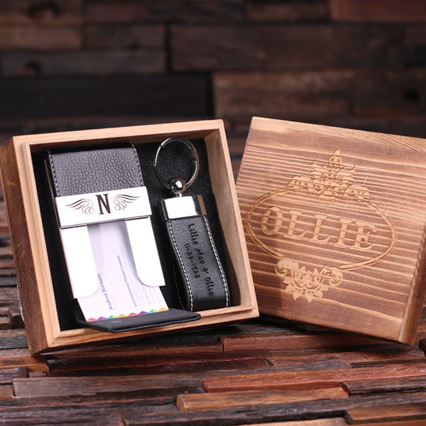 Personalized Leather Business Card Holder Open, Key Chain Inside Box T-025117-Black