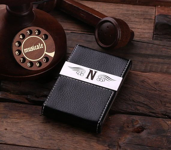Personalized Leather Business Card Holder in Black T-025050