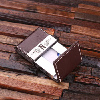 Personalized Leather Business Card Holder in Brown Open T-025050