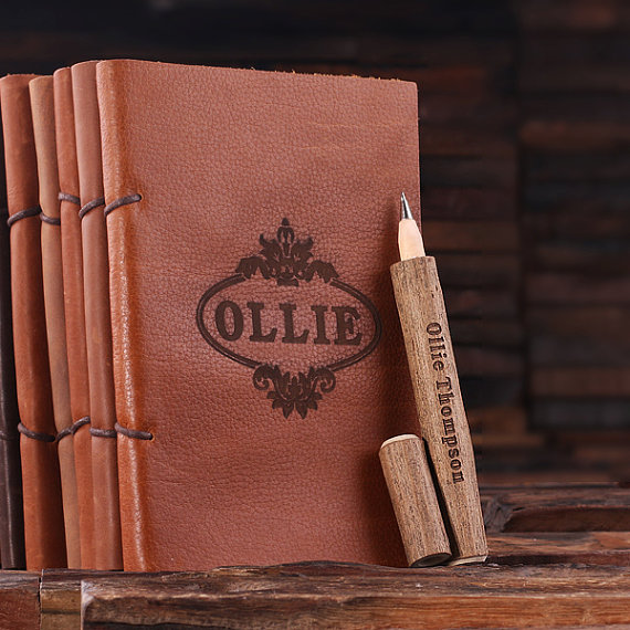 Personalized Leather Travel Diaries & Blue Ink Wood Pens T-024972 Personalized Leather Travel Diaries & Blue Ink Wood Pens T-024972