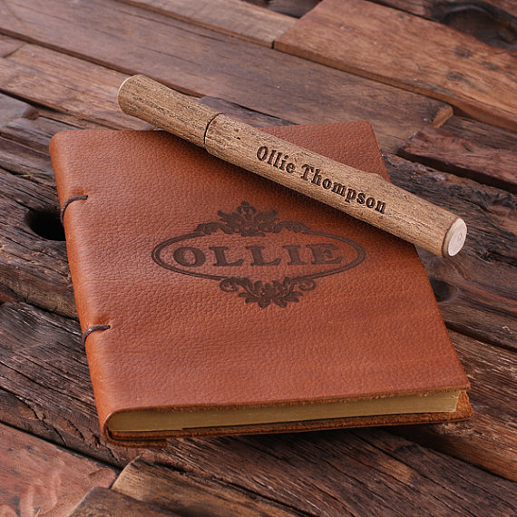 Personalized Leather Travel Diary & Blue Ink Wood Pen T-024972 Personalized Leather Travel Diary & Blue Ink Wood Pen T-024972