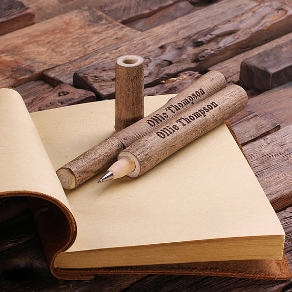 Personalized Leather Travel Diary with Blue Ink Wood Pen Set T-024972 Personalized Leather Travel Diary with Blue Ink Wood Pen Set T-024972