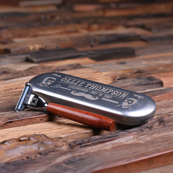 Personalized Mach 3 Razor Blade with Wood Handle & Tin Box T-025183