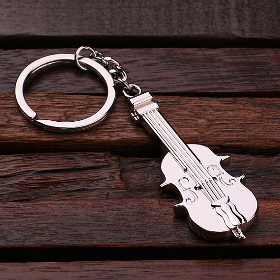 Personalized Polished Stainless Steel Violin Key Chain Front T-025091