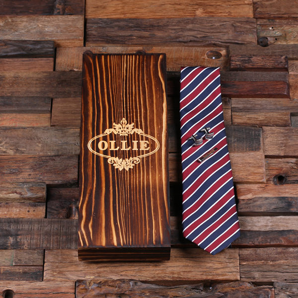 Personalized Red White & Blue Tie Gift Set with Cuff Links & Tie Clip Closeup with Wood Box T-025220-RedWhiteBlue