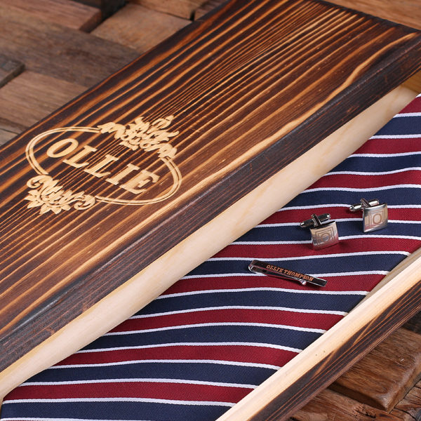 Personalized Red White & Blue Tie Gift Set with Cuff Links & Tie Clip Inside Wood Box Closeup T-025220-RedWhiteBlue