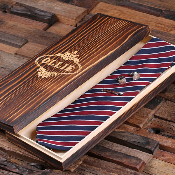 Personalized Red White & Blue Tie Gift Set with Cuff Links & Tie Clip Inside Wood Keepsake Box T-025220-RedWhiteBlue