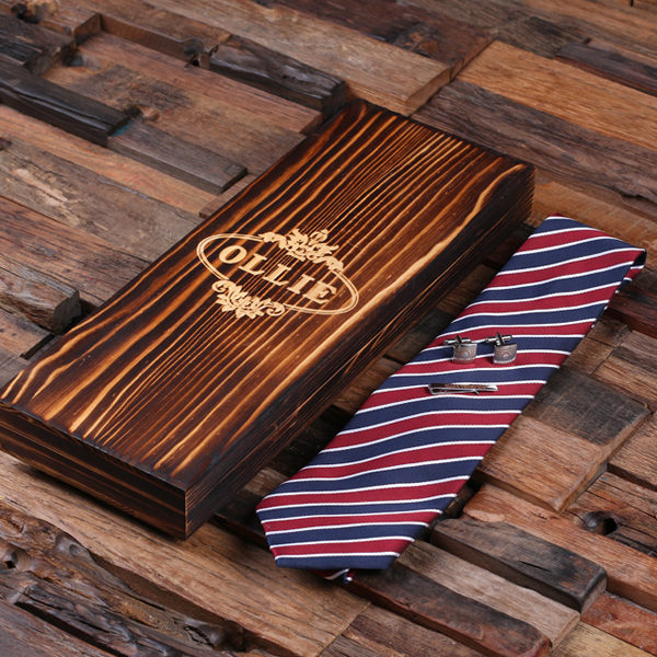 Personalized Red White & Blue Tie Gift Set with Cuff Links & Tie Clip T-025220-RedWhiteBlue