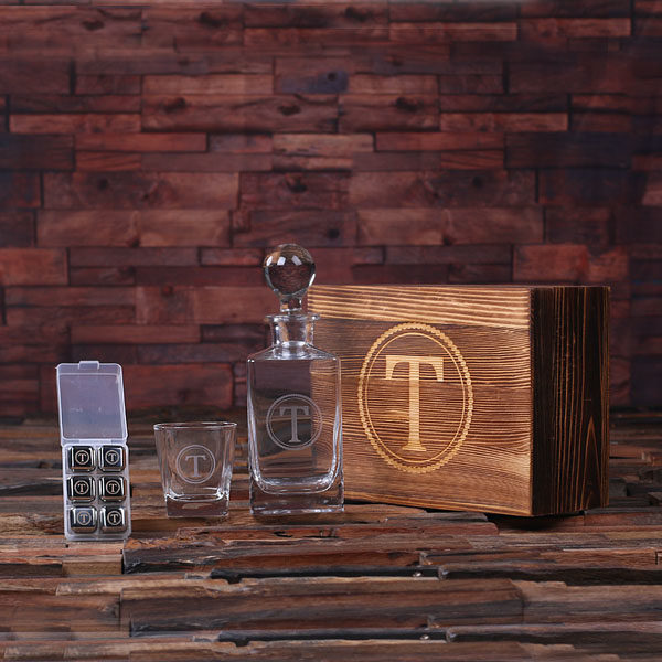 Personalized Scotch Decanter Bottle, Glass & 6 Ice Cubes Set with Keepsake Wood Box T-025246