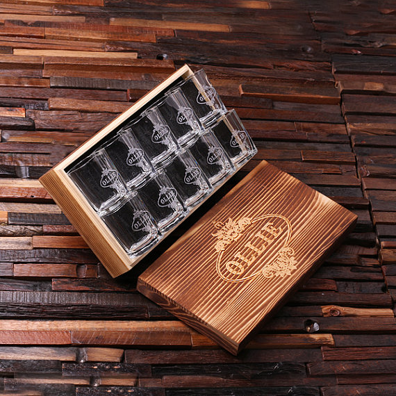 Personalized Shot Glass Set of 10 & Keepsake Wood Gift Box T-024968