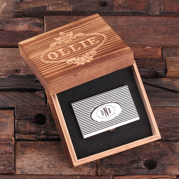Personalized Stainless Steel Business Card Holder & Wood Box T-025075