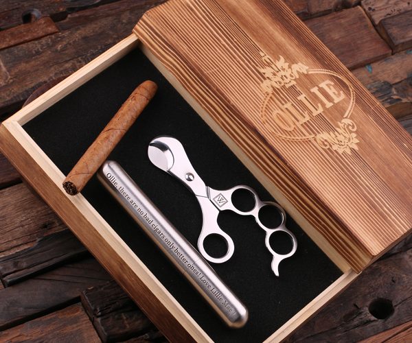 Personalized Stainless Steel Cigar Holder, Cutters & Box T-025044