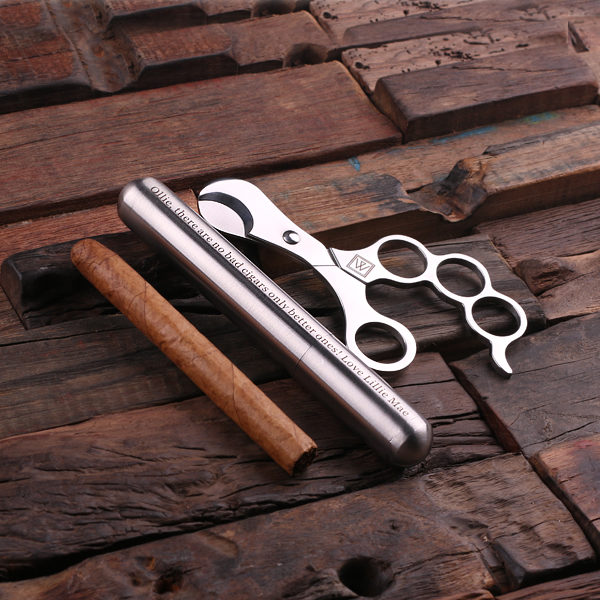 Personalized Stainless Steel Cigar Holder & Cutters Close Up T-025044