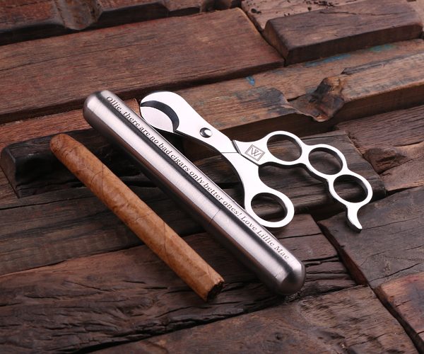 Personalized Stainless Steel Cigar Holder & Cutters Gift Set T-025041