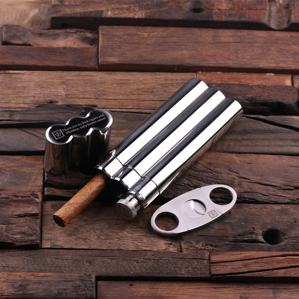 Personalized Stainless Steel Cigar Holder, Flask & Cutters T-025040