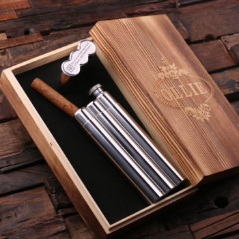 Personalized Stainless Steel Cigar Holder, Flask & Gift Box T-025042